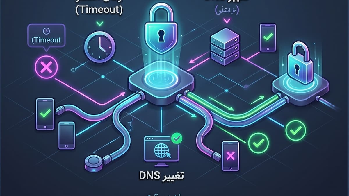 نمودار درختی عیب‌یابی اتصال Zaha VPN با نمایش آیکون‌های رفع خطای Connection Timeout، تغییر DNS و تفکیک برنامه‌ها (Split Tunneling).
